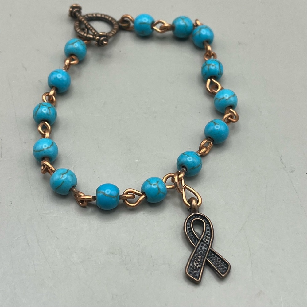 Turquoise Beaded Bracelet with copper Ribbon Charm - Picture 2 of 2